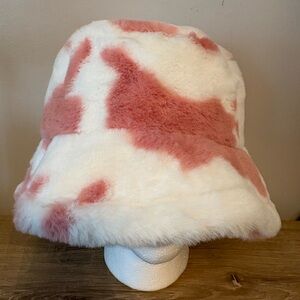 Pink & White Fuzzy Cow Print Bucket Hat